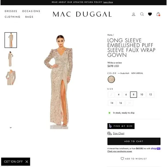 NWT $698 Mac Duggal [ 8 ] 5628 Long Sleeve Embellished Puff Sleeve‎ Gown Nude